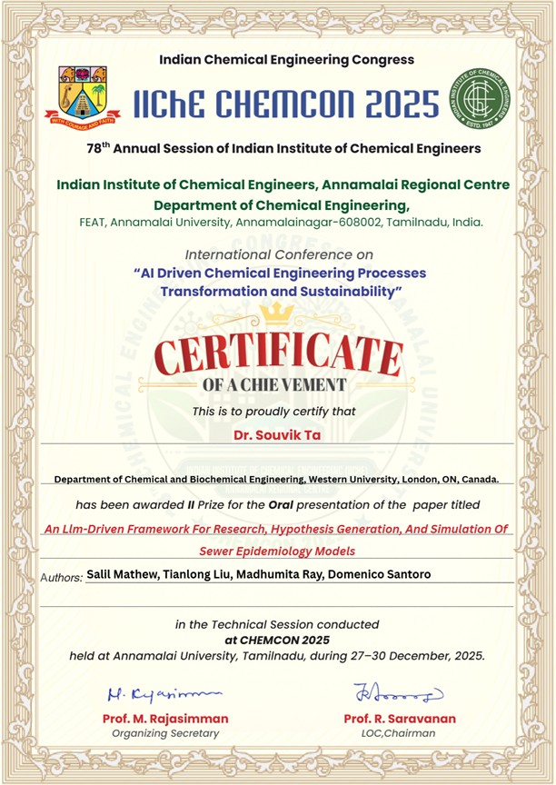 Souvik Ta Receives II Prize for Oral Presentation at IIChE CHEMCON 2025